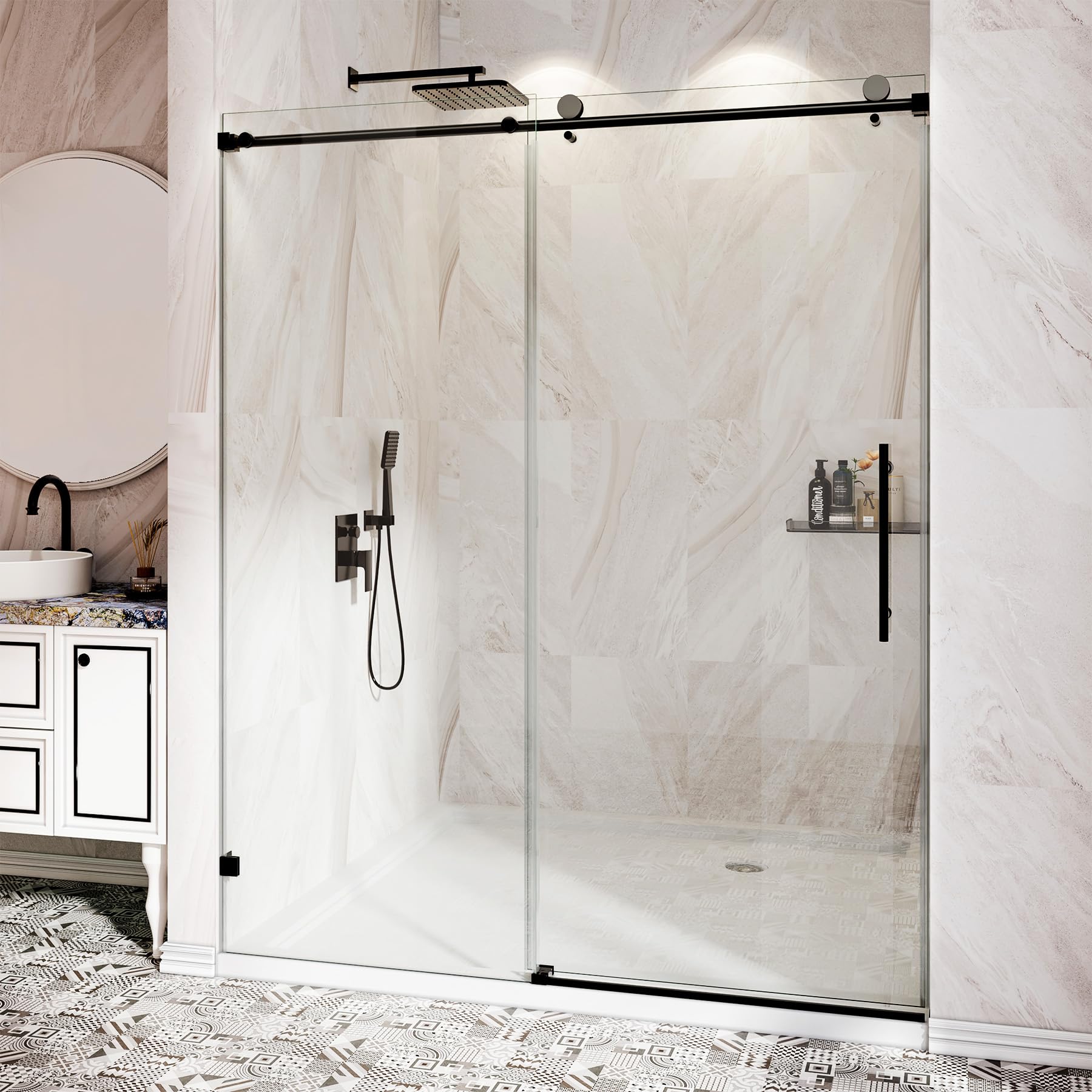 HENGWESS Matte Black single sliding shower door — B0GHNXD8GV, product view